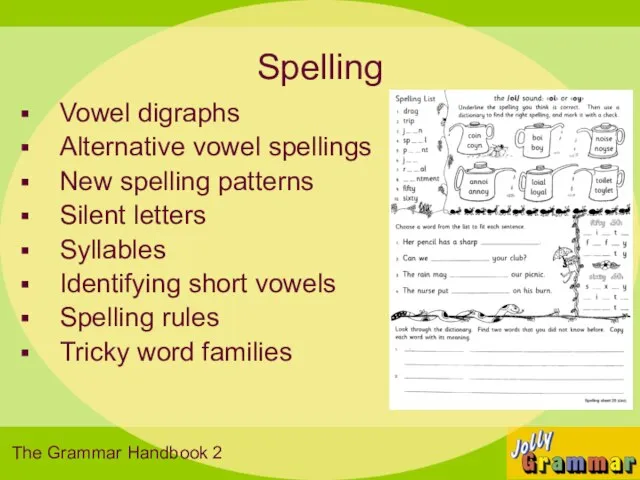 Spelling Vowel digraphs Alternative vowel spellings New spelling patterns Silent letters Syllables