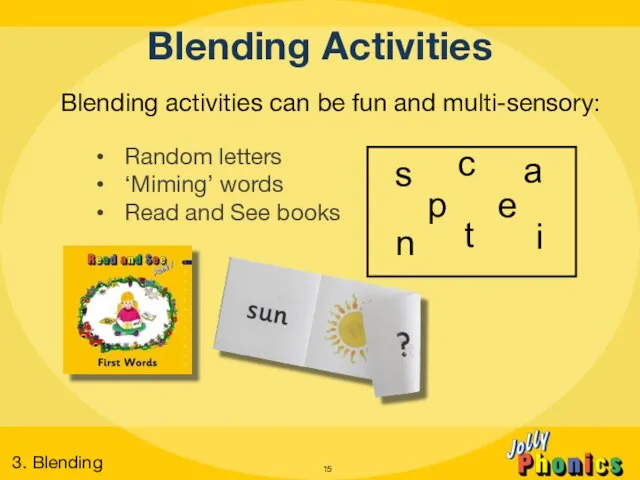 Blending Activities Blending activities can be fun and multi-sensory: Random letters ‘Miming’