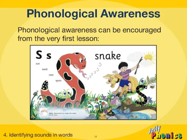 Phonological Awareness Phonological awareness can be encouraged from the very first lesson: