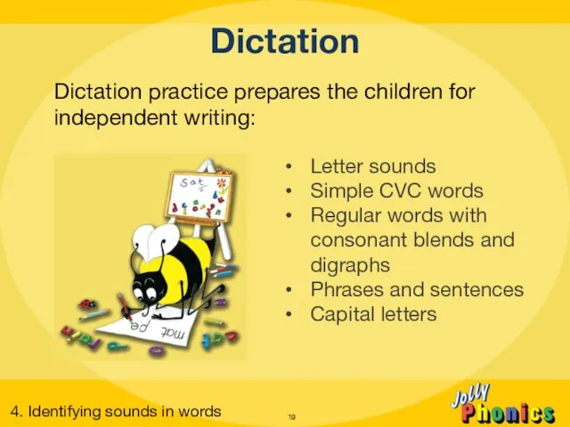 Dictation Dictation practice prepares the children for independent writing: Letter sounds Simple