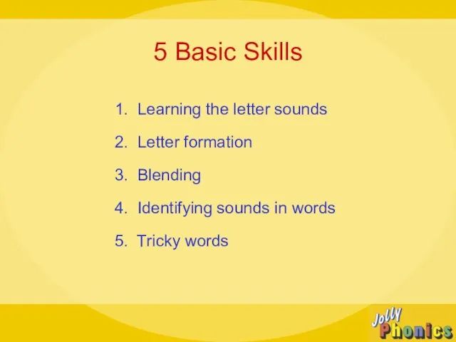 5 Basic Skills 1. Learning the letter sounds 2. Letter formation 3.