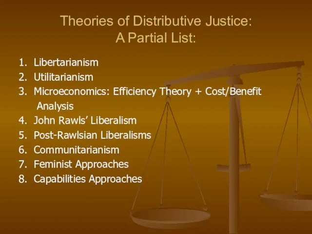 Theories of Distributive Justice: A Partial List: 1. Libertarianism 2. Utilitarianism 3.