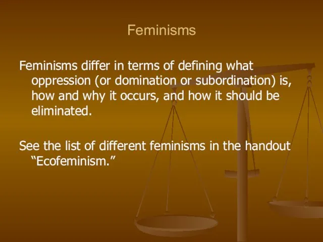 Feminisms Feminisms differ in terms of defining what oppression (or domination or