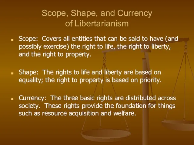 Scope, Shape, and Currency of Libertarianism Scope: Covers all entities that can