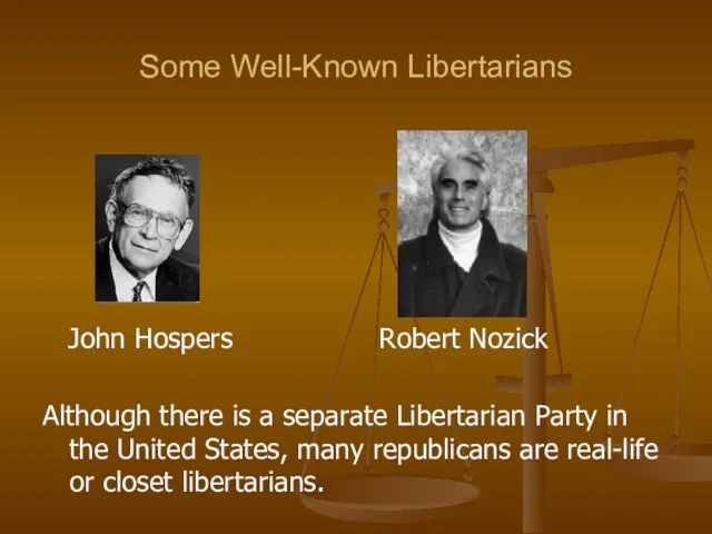 Some Well-Known Libertarians John Hospers Robert Nozick Although there is a separate
