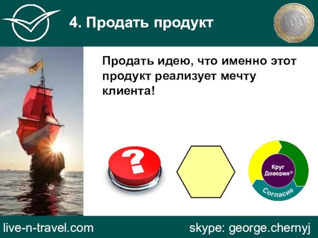 4. Продать продукт live-n-travel.com skype: george.chernyj Продать идею, что именно этот продукт реализует мечту клиента!