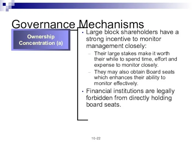 10– Governance Mechanisms Large block shareholders have a strong incentive to monitor