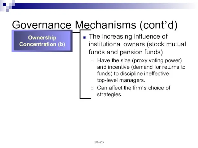 10– Governance Mechanisms (cont’d) The increasing influence of institutional owners (stock mutual