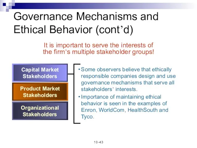 10– Governance Mechanisms and Ethical Behavior (cont’d) It is important to serve