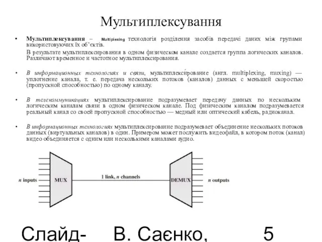 Слайд-лекції В. Саєнко, 2013 Мультиплексування Мультиплексування – Multiplexing технологія розділення засобів передачі