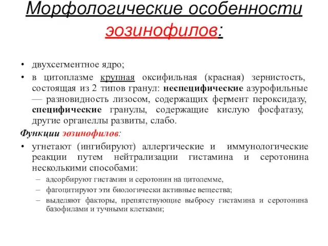 Морфологические особенности эозинофилов: двухсегментное ядро; в цитоплазме крупная оксифильная (красная) зернистость, состоящая