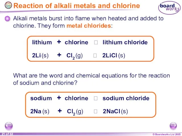 Alkali metals burst into flame when heated and added to chlorine. They