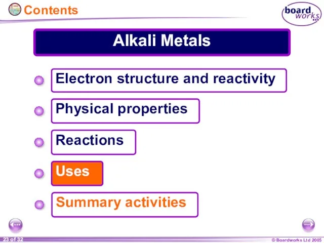 Alkali Metals Electron structure and reactivity Physical properties Summary activities Reactions Uses Contents