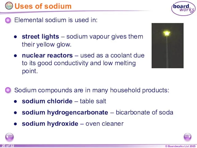 Uses of sodium sodium chloride – table salt street lights – sodium