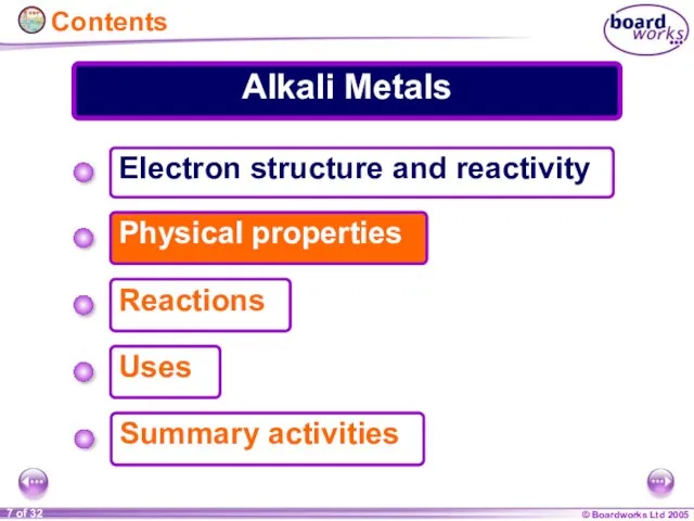 Alkali Metals Electron structure and reactivity Physical properties Summary activities Reactions Uses Contents