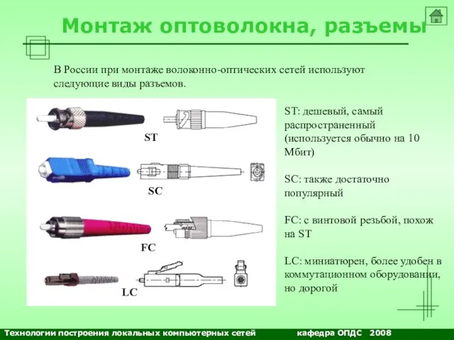 NETS and OSs Монтаж оптоволокна, разъемы В России при монтаже волоконно-оптических сетей
