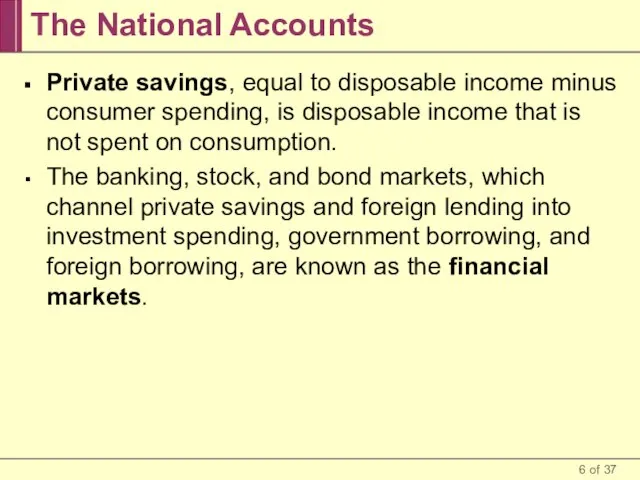 The National Accounts Private savings, equal to disposable income minus consumer spending,