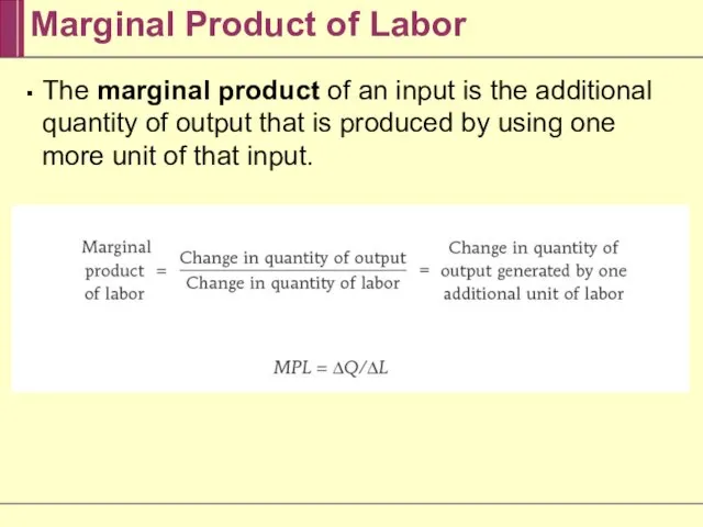 The marginal product of an input is the additional quantity of output