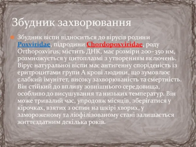 Збудник віспи відноситься до вірусів родини Poxviridae, підродини Chordopoxviridae, роду Orthopoxvirus; містить