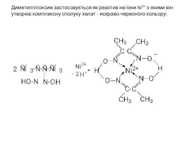 Диметилгліоксим застосовується як реактив на іони Ni2+ з якими він утворює комплексну