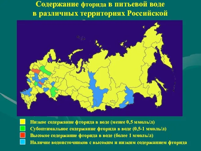 Содержание фторида в питьевой воде в различных территориях Российской Федерации Низкое содержание