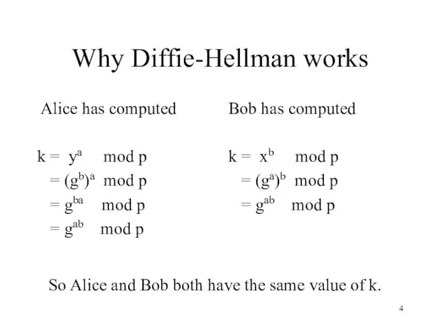 Why Diffie-Hellman works Alice has computed k = ya mod p =