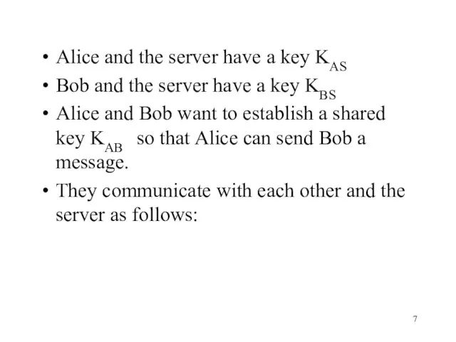 Alice and the server have a key KAS Bob and the server