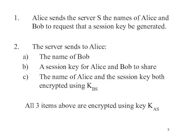 Alice sends the server S the names of Alice and Bob to