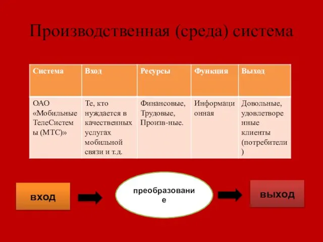 Производственная (среда) система вход преобразование выход