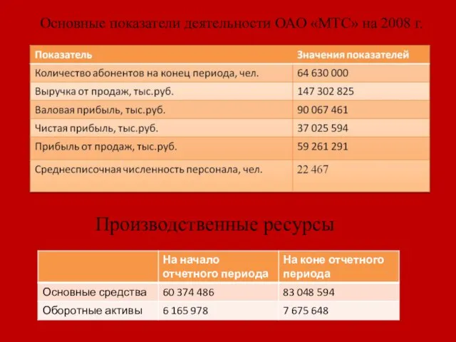 Производственные ресурсы Основные показатели деятельности ОАО «МТС» на 2008 г.