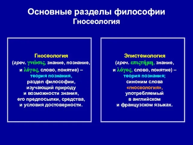 Основные разделы философии Гносеология Гносеология (греч. γνώσις, знание, познание, и λόγος, слово,