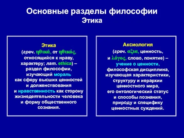 Основные разделы философии Этика Этика (греч. ηθικά, от ηθικός, относящийся к нраву,