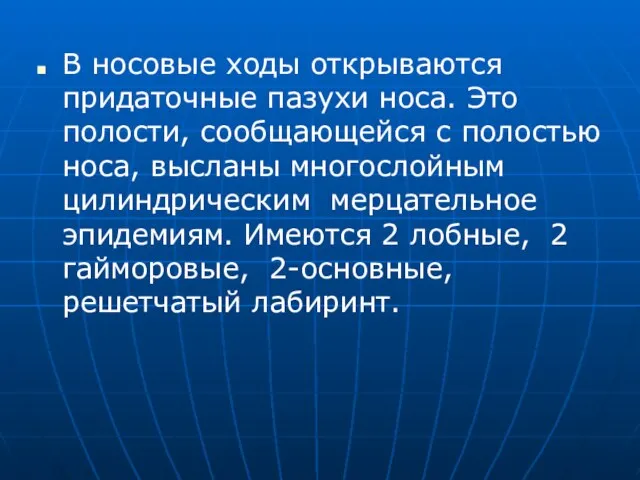 В носовые ходы открываются придаточные пазухи носа. Это полости, сообщающейся с полостью