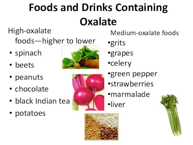 Foods and Drinks Containing Oxalate High-oxalate foods—higher to lower spinach beets peanuts