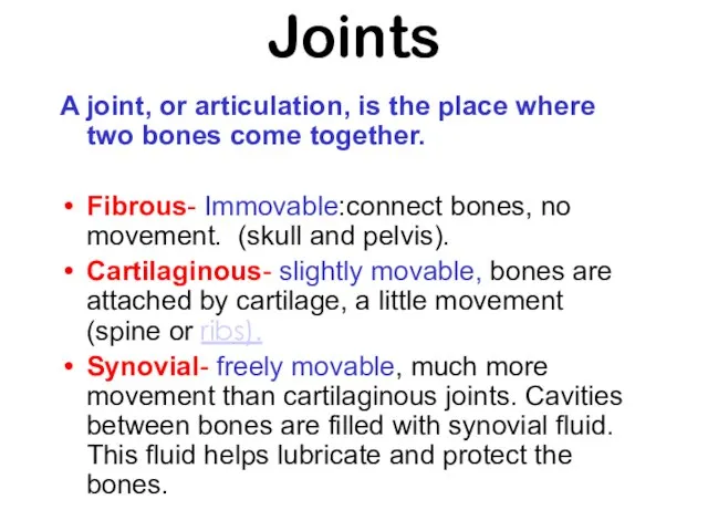 Joints A joint, or articulation, is the place where two bones come