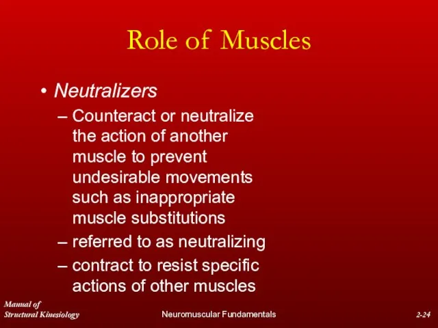 Manual of Structural Kinesiology Neuromuscular Fundamentals 2- Role of Muscles Neutralizers Counteract