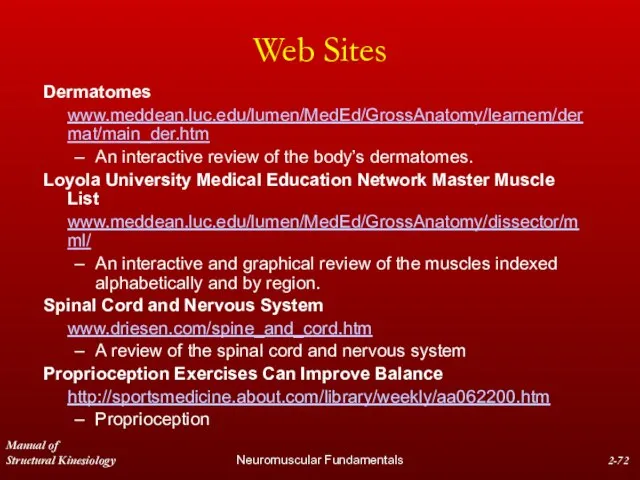 Manual of Structural Kinesiology Neuromuscular Fundamentals 2- Web Sites Dermatomes www.meddean.luc.edu/lumen/MedEd/GrossAnatomy/learnem/dermat/main_der.htm An