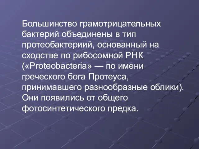 Большинство грамотрицательных бактерий объединены в тип протеобактериий, основанный на сходстве по рибосомной