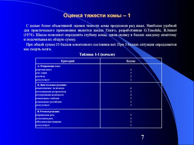 Оценка тяжести комы – 1 С целью более объективной оценки тяжести комы