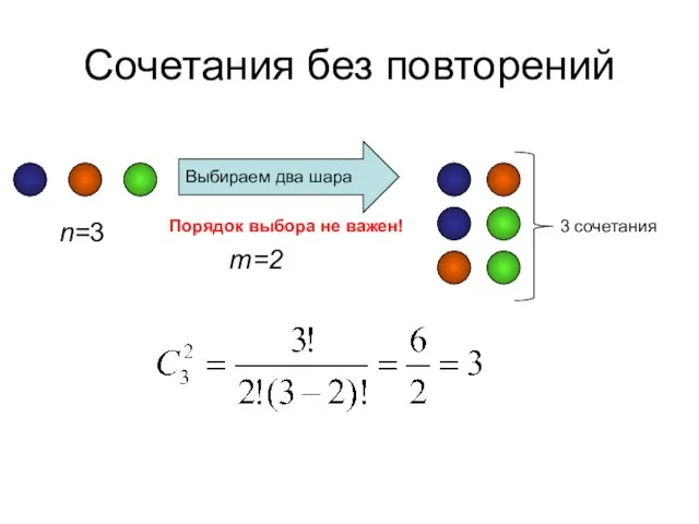 Сочетания без повторений n=3 Выбираем два шара m=2 Порядок выбора не важен! 3 сочетания