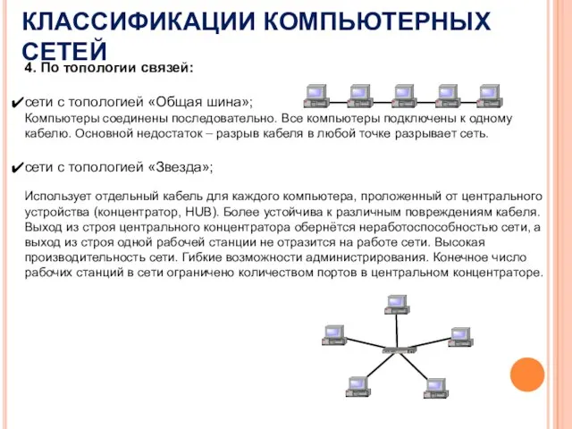 4. По топологии связей: сети с топологией «Общая шина»; Компьютеры соединены последовательно.