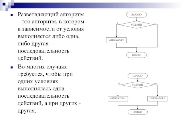 Разветвляющий алгоритм – это алгоритм, в котором в зависимости от условия выполняется