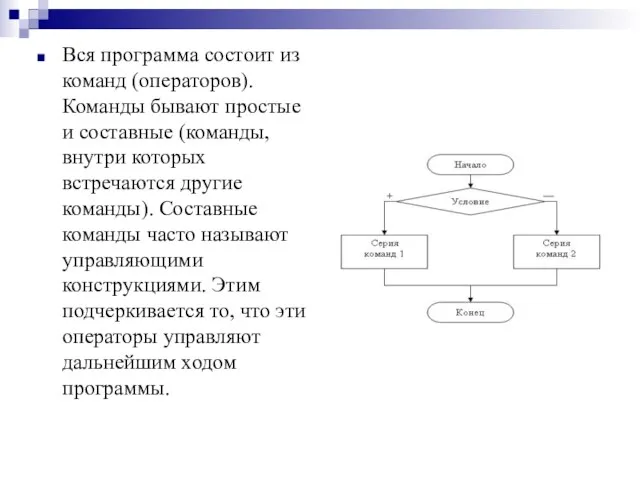 Вся программа состоит из команд (операторов). Команды бывают простые и составные (команды,