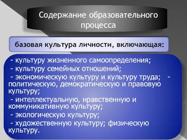 Содержание образовательного процесса - культуру жизненного самоопределения; - культуру семейных отношений; -