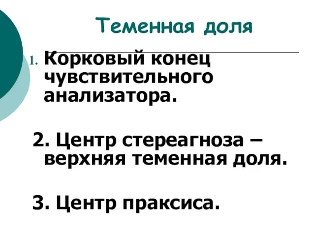 Теменная доля Корковый конец чувствительного анализатора. 2. Центр стереагноза – верхняя теменная доля. 3. Центр праксиса.