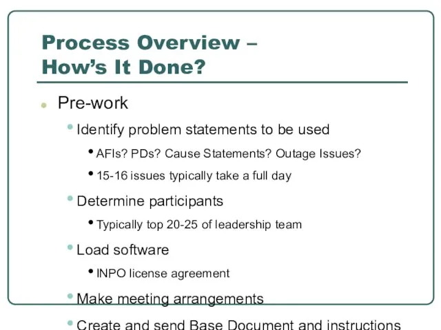 Process Overview – How’s It Done? Pre-work Identify problem statements to be