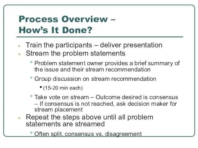 Process Overview – How’s It Done? Train the participants – deliver presentation