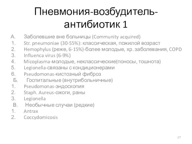 Пневмония-возбудитель-антибиотик 1 Заболевшие вне больницы (Community acquired) Str. pneumoniae (30-55%): классическая, пожилой