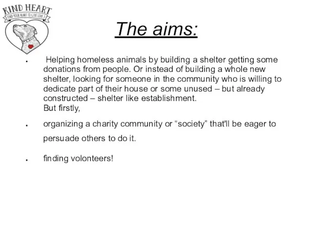 The aims: Helping homeless animals by building a shelter getting some donations