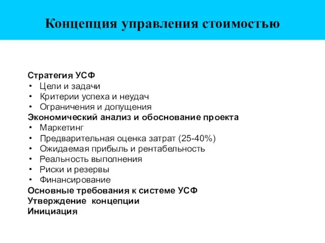 Концепция управления стоимостью Стратегия УСФ Цели и задачи Критерии успеха и неудач